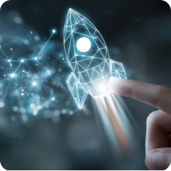 A finger launching a glowing digital rocket, representing innovation.