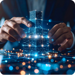 Man assembling a data-filled cube, representing scalability.